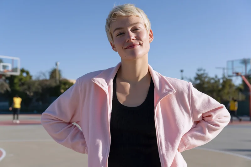 Woman with short blonde hair smiling with hands on hips on basketball court