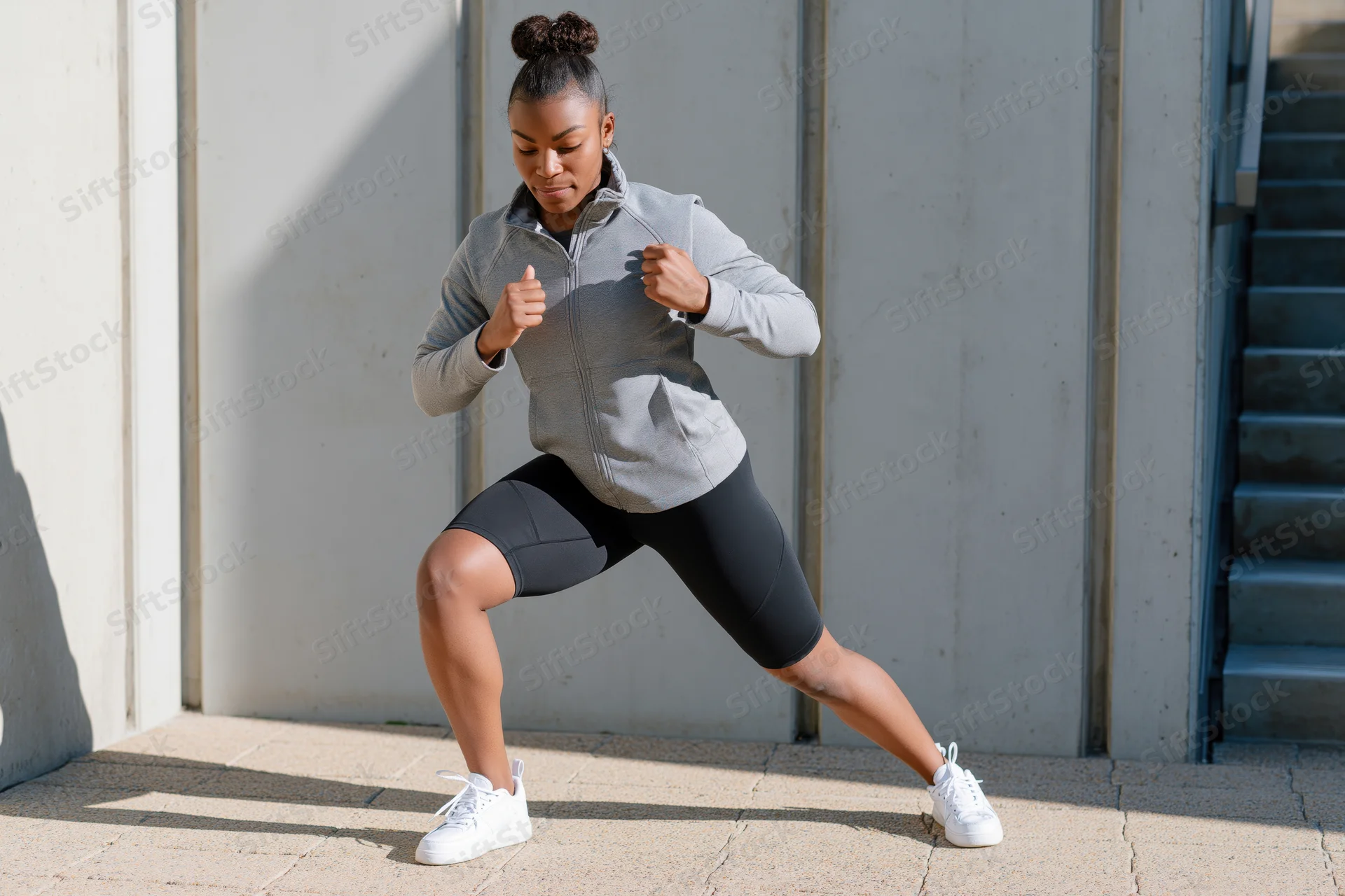 Young black woman performing squats in sportswear on urban pavement near stairs