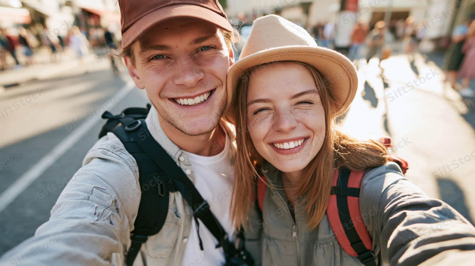 Young couple taking a selfie on a city street while traveling