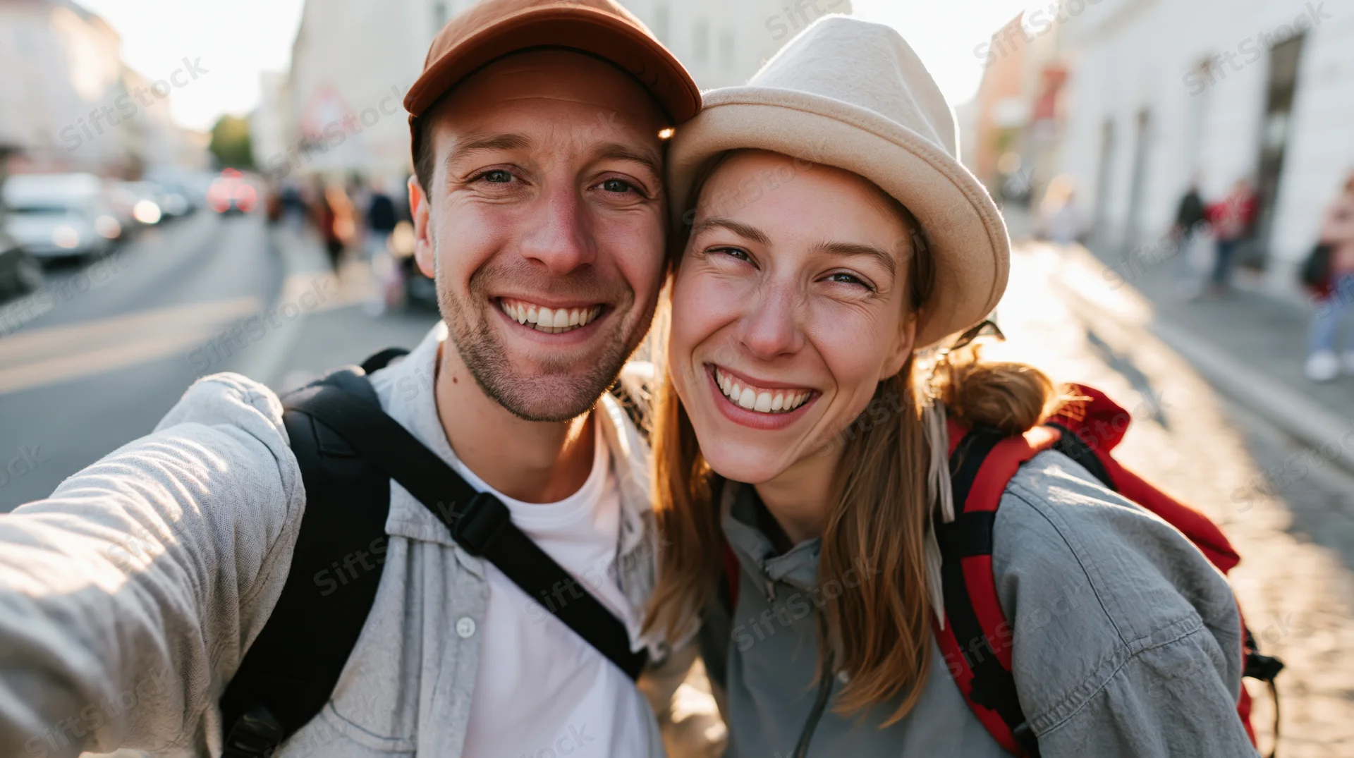 Young couple smiling while taking a selfie on a city street with backpacks