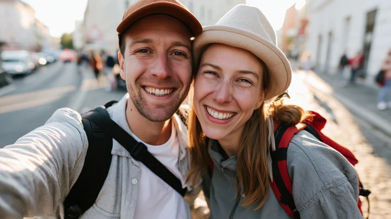 Young couple smiling while taking a selfie on a city street with backpacks