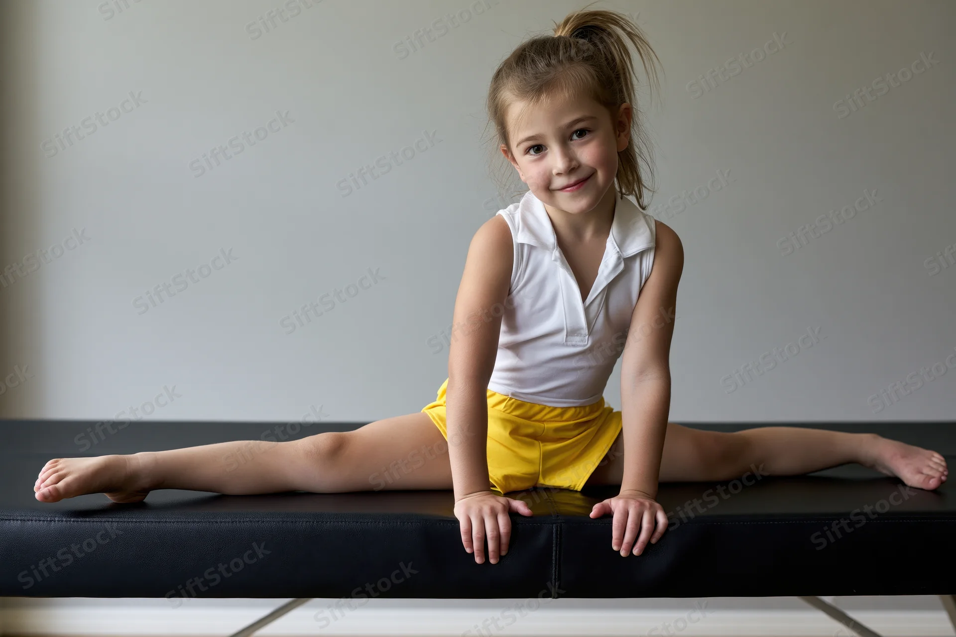 Young girl performing full split on black bench in studio setting