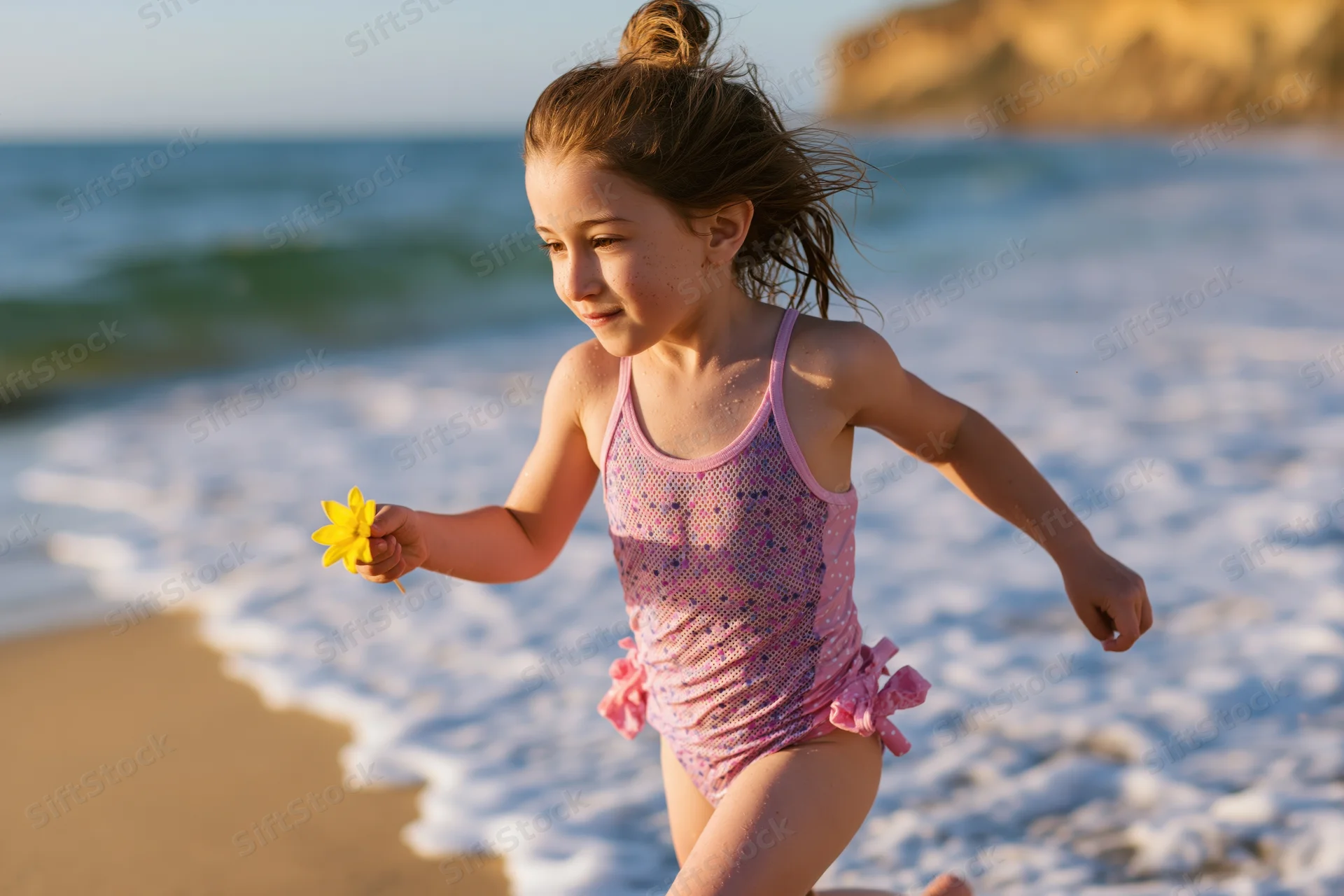 Young girl running along the beach holding a yellow flower near the ocean waves