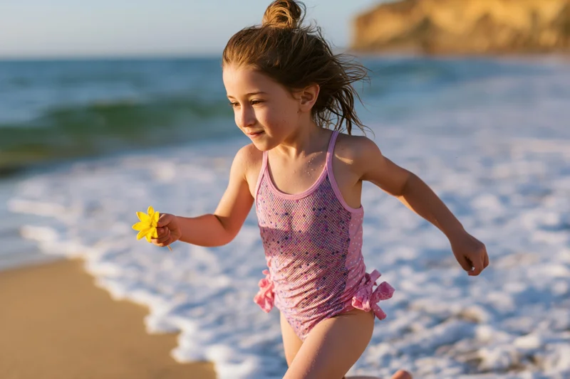 Young girl running along the beach holding a yellow flower near the ocean waves