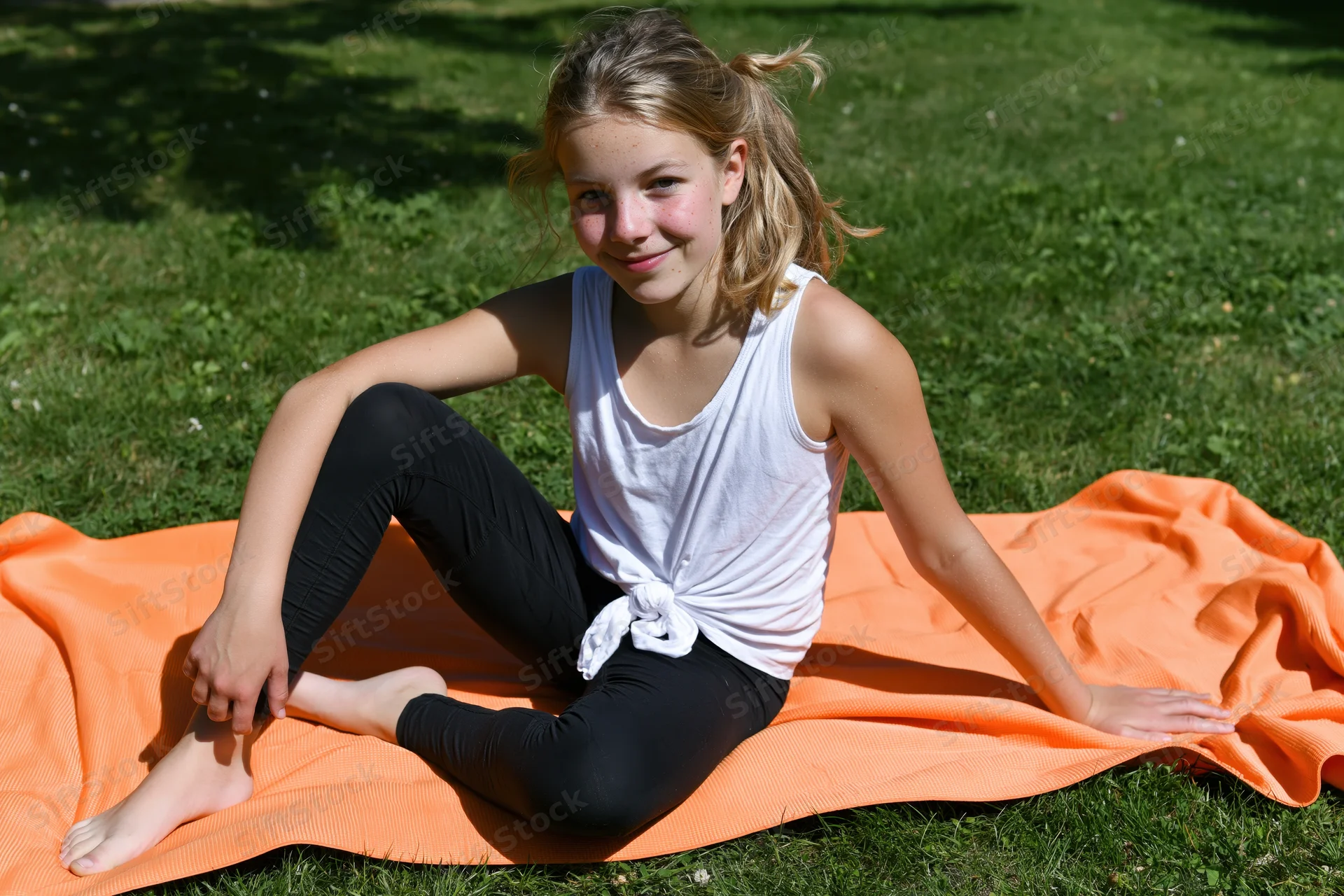 Young girl sitting on orange blanket on grass smiling at camera
