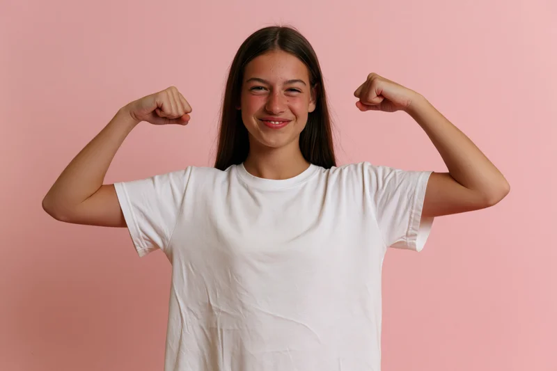 Young girl flexing her biceps and smiling in a white tshirt against a pink background