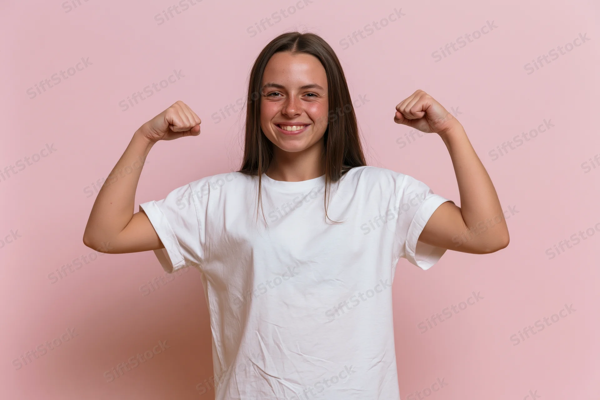 Young girl smiling and flexing her biceps in a white tshirt against a pink background