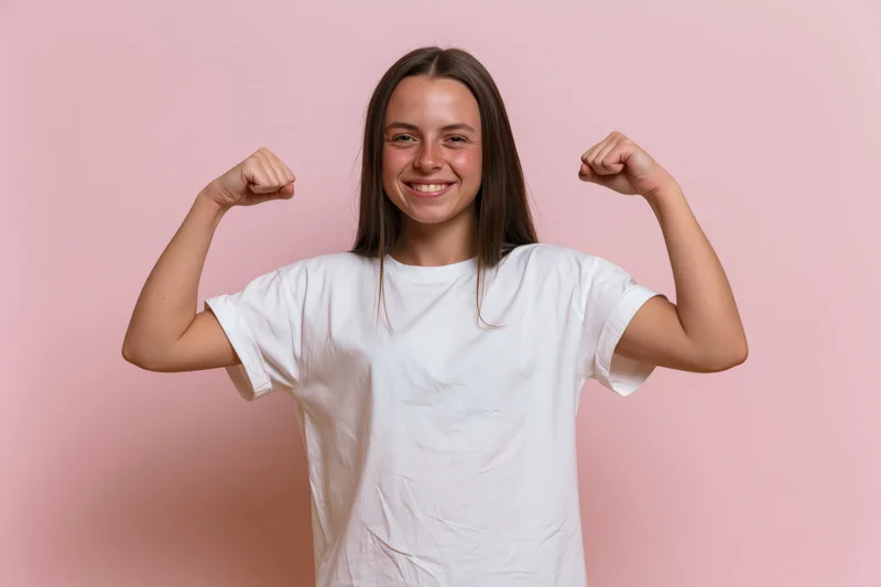 Young girl smiling and flexing her biceps in a white tshirt against a pink background