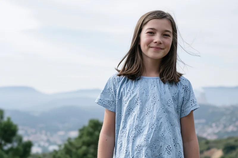 Young girl smiling outdoors with mountains in the background