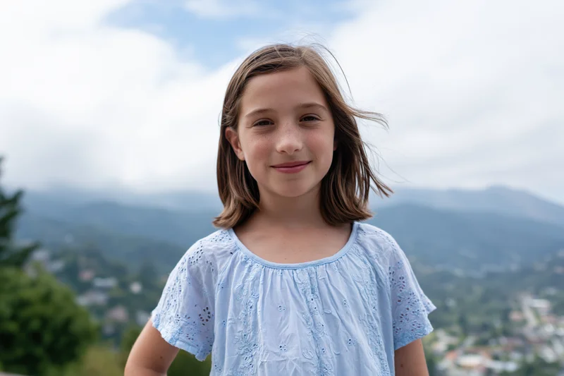 Young girl smiling outdoors with mountains and town in the background