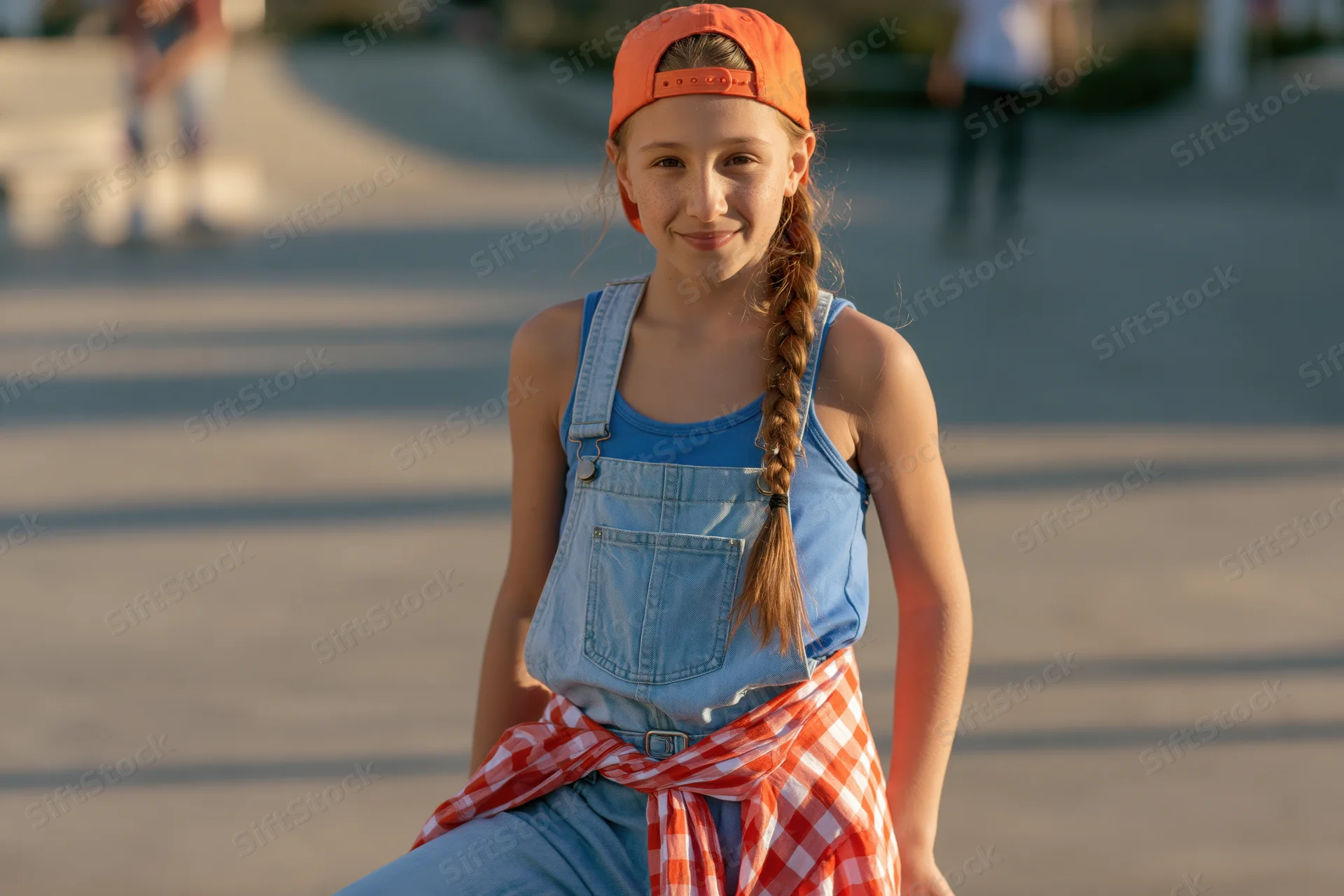 Young girl smiling with braided hair and orange cap, wearing denim overalls and checkered scarf, sitting on pavement at skatepark