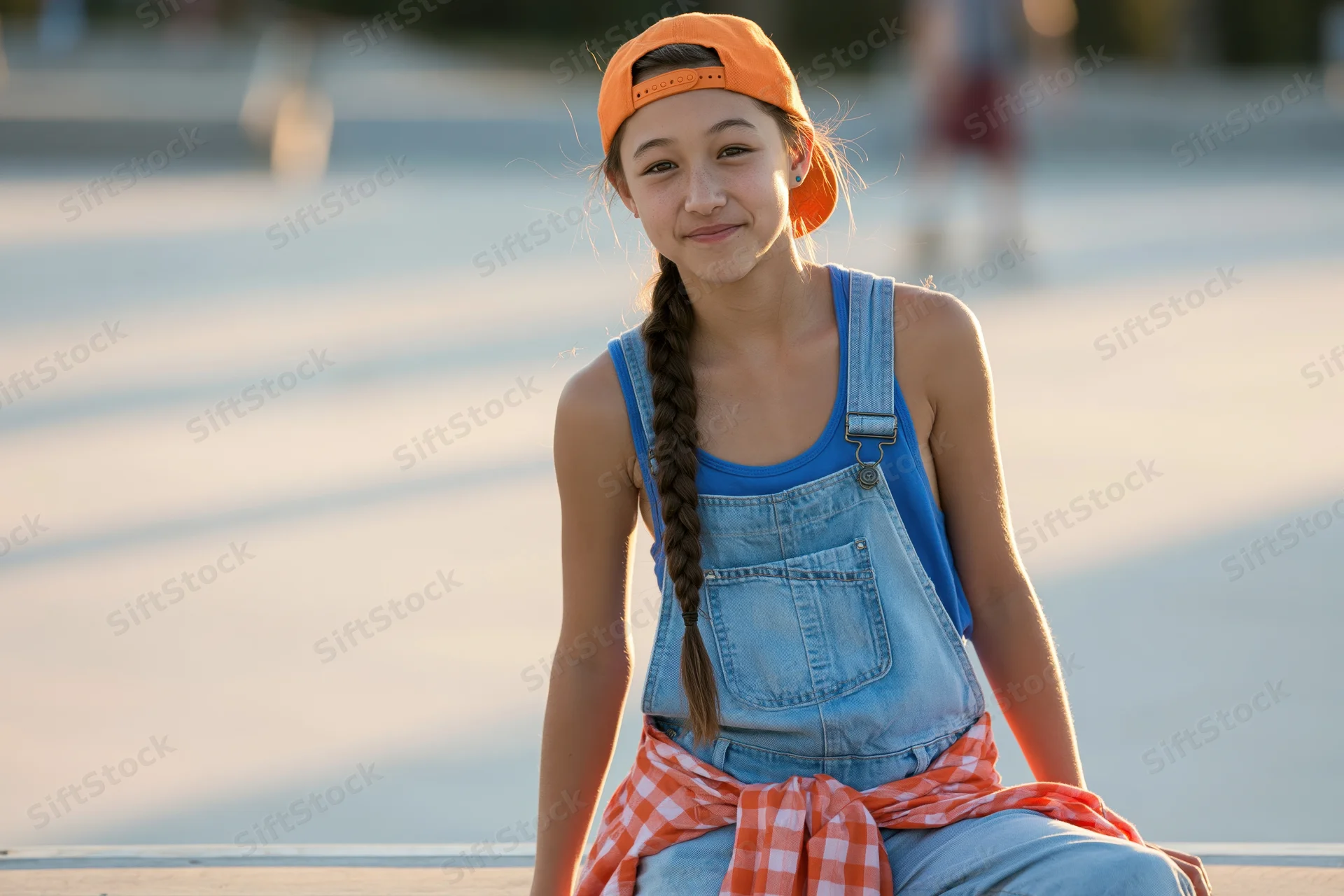 Young asian girl smiling in denim overalls and orange cap sitting on sidewalk