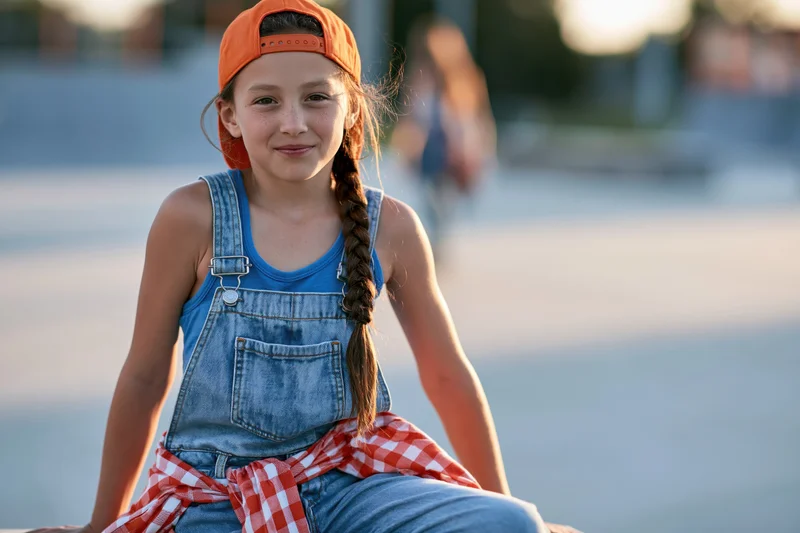 Young girl smiling in denim overalls and orange cap at beach during sunset