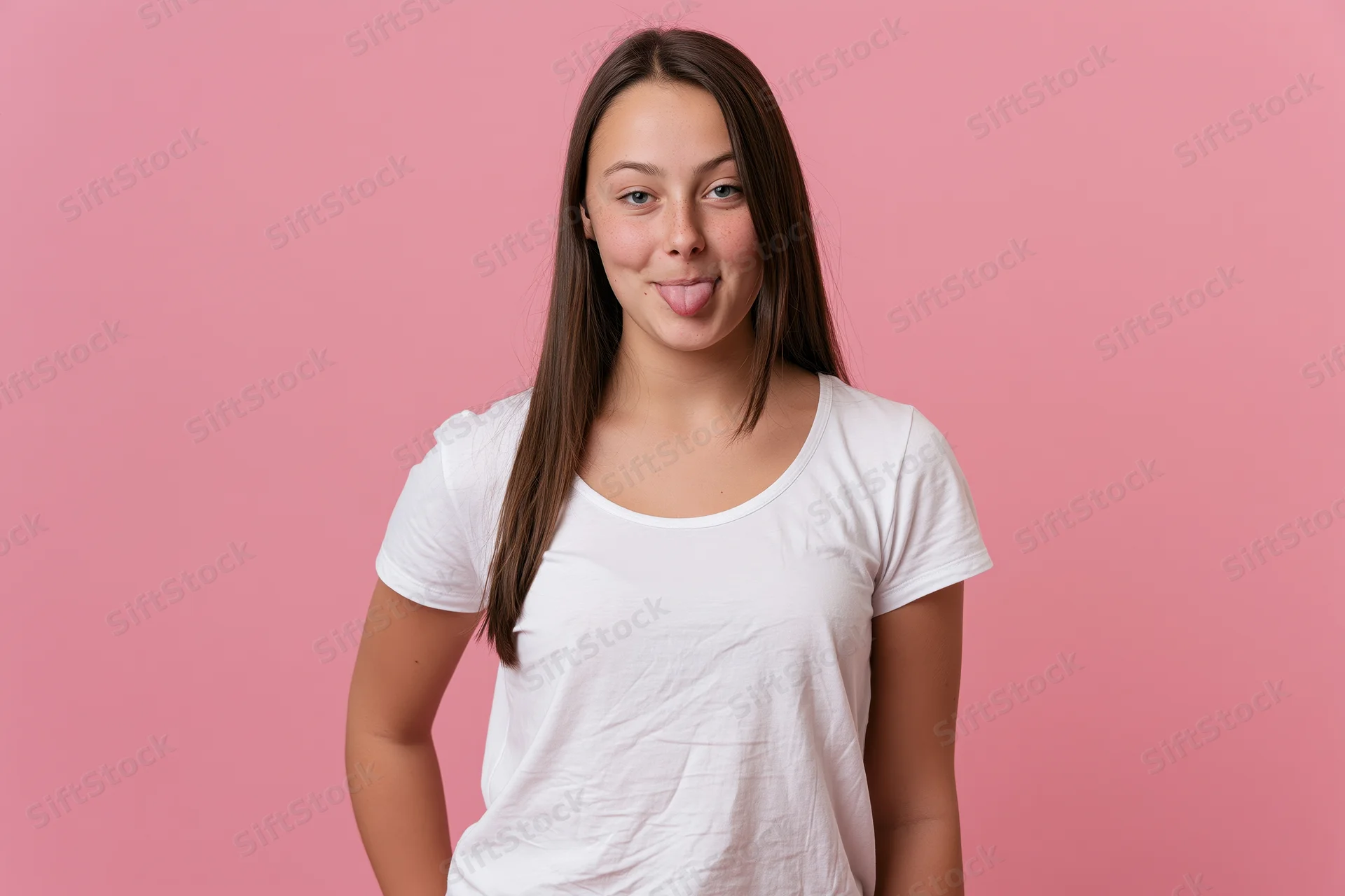 Young woman sticking out tongue while posing in white tshirt against pink background