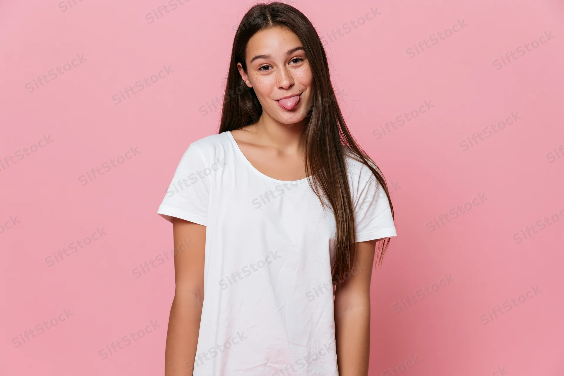 Young woman sticking out tongue in white tshirt against pink background