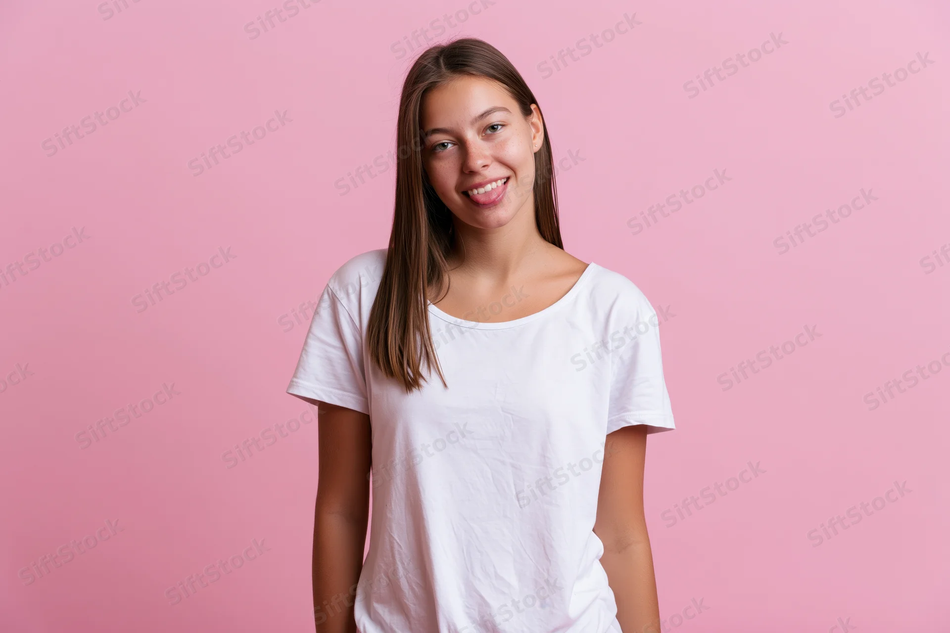 Young woman smiling in white tshirt against pink background