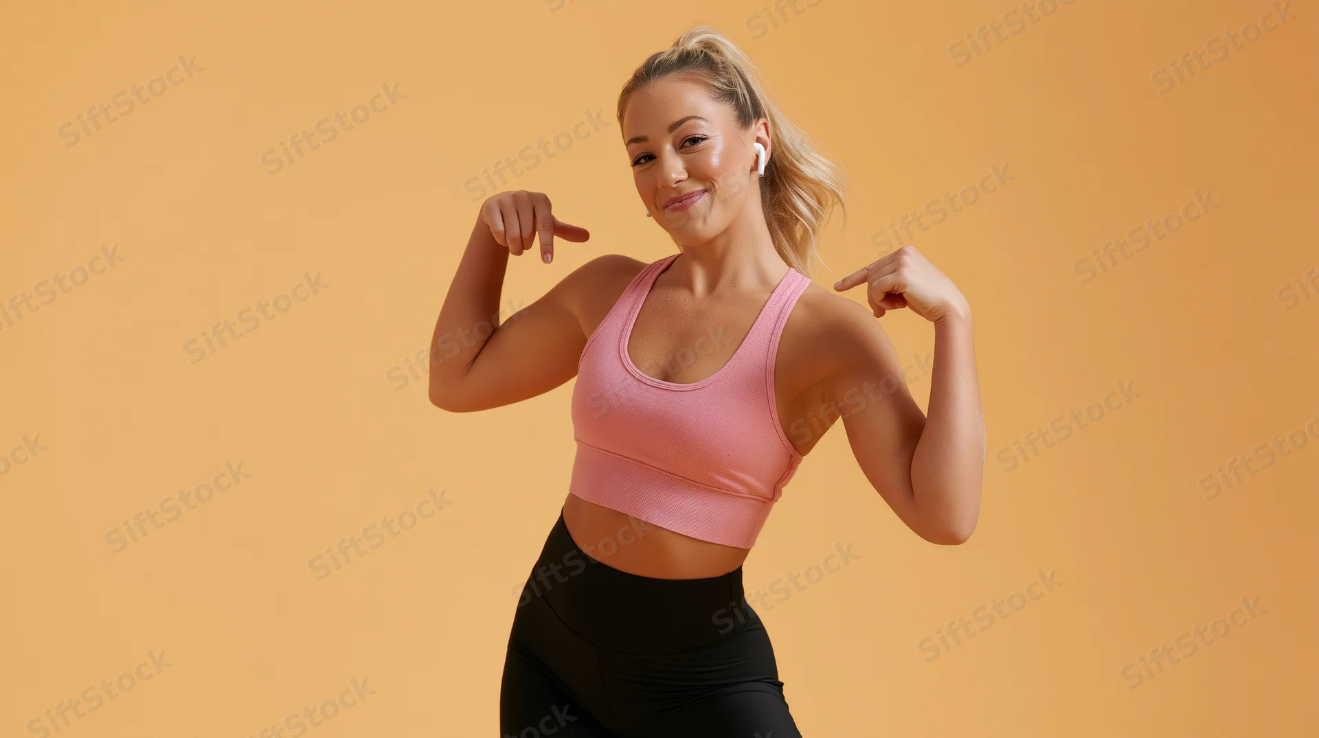 Woman flexing biceps and pointing at arms while smiling in sportswear against orange background