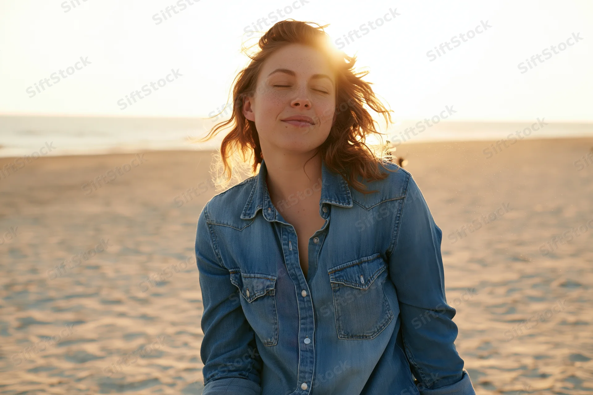 Young woman with eyes closed smiling on sandy beach at sunset