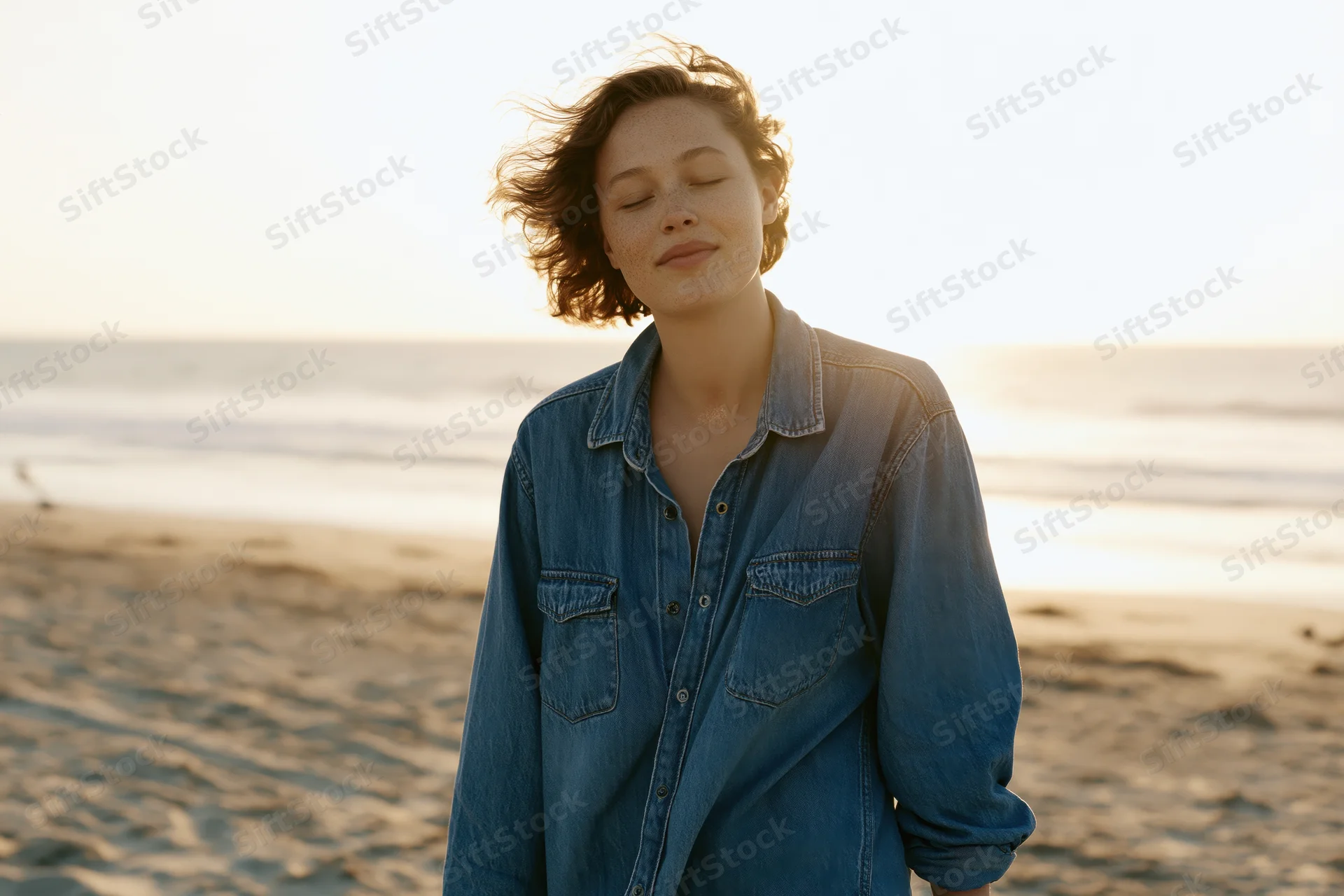 Young woman standing on sandy beach with eyes closed, wind blowing her hair, wearing denim shirt at sunset