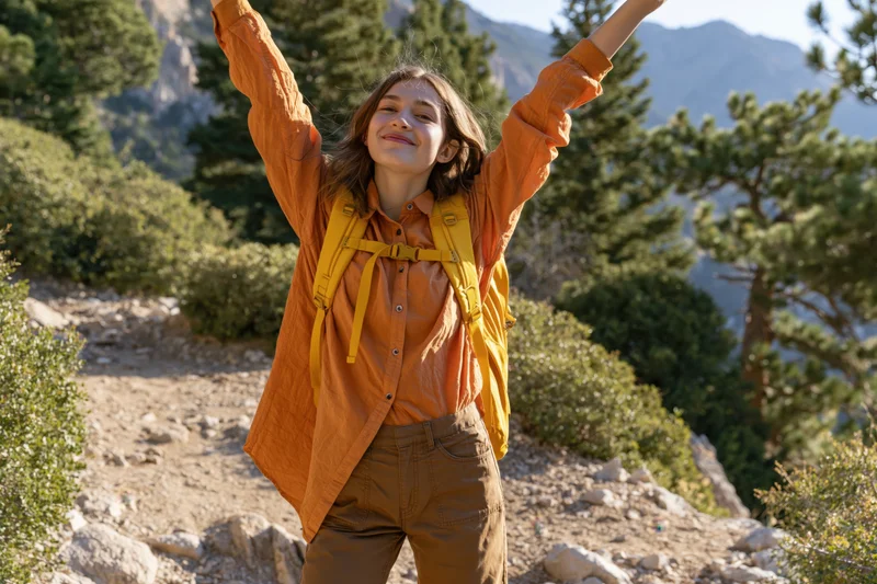Young woman with arms raised smiling on a mountain trail wearing a backpack and orange shirt