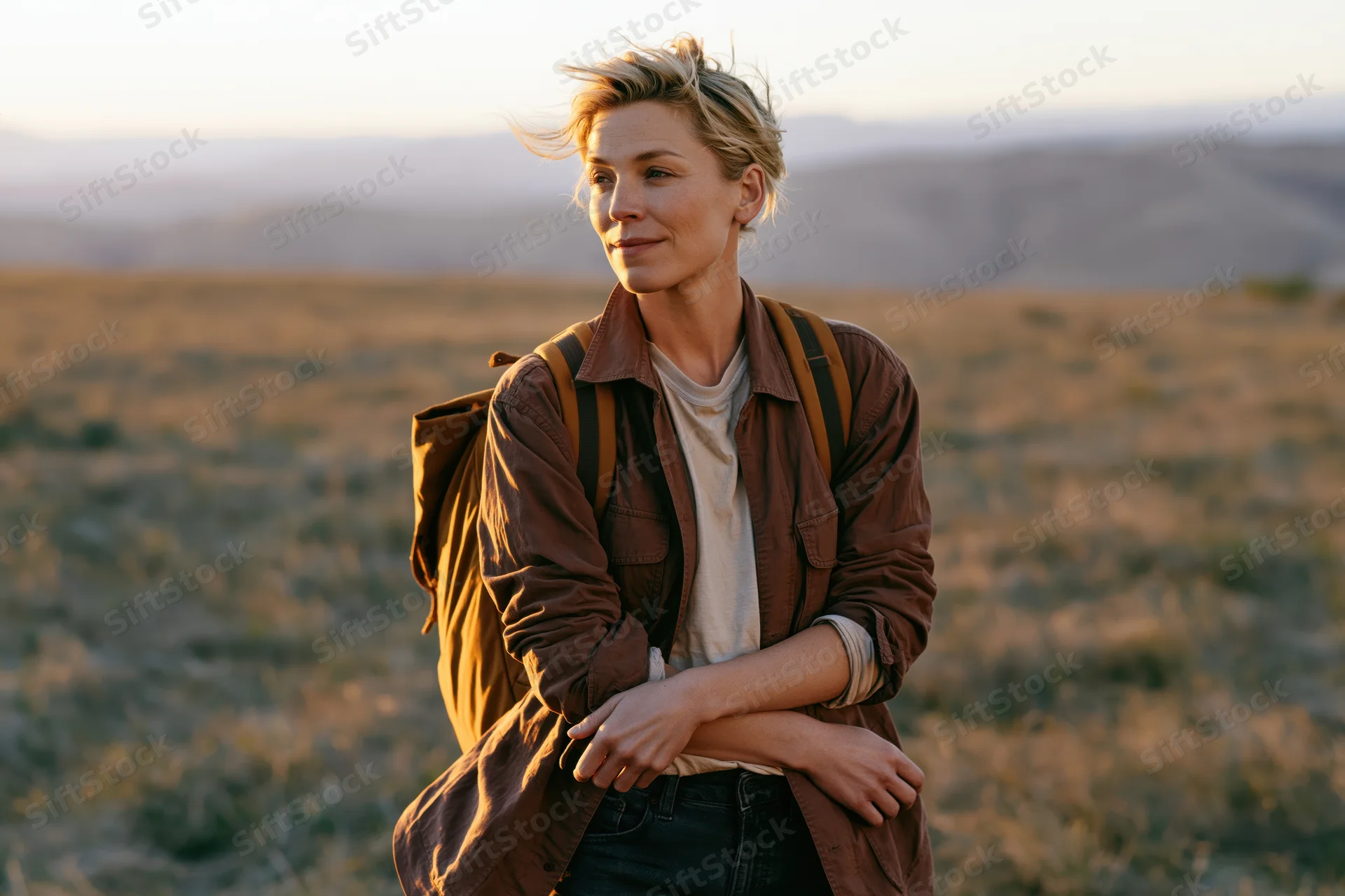 Young woman with backpack standing in desert landscape at sunset