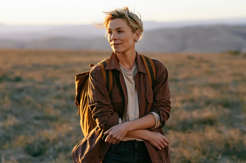 Young woman with backpack standing in desert landscape at sunset