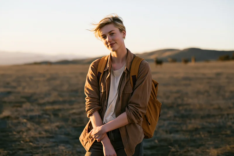 Young woman with backpack smiling in a dry field at sunset
