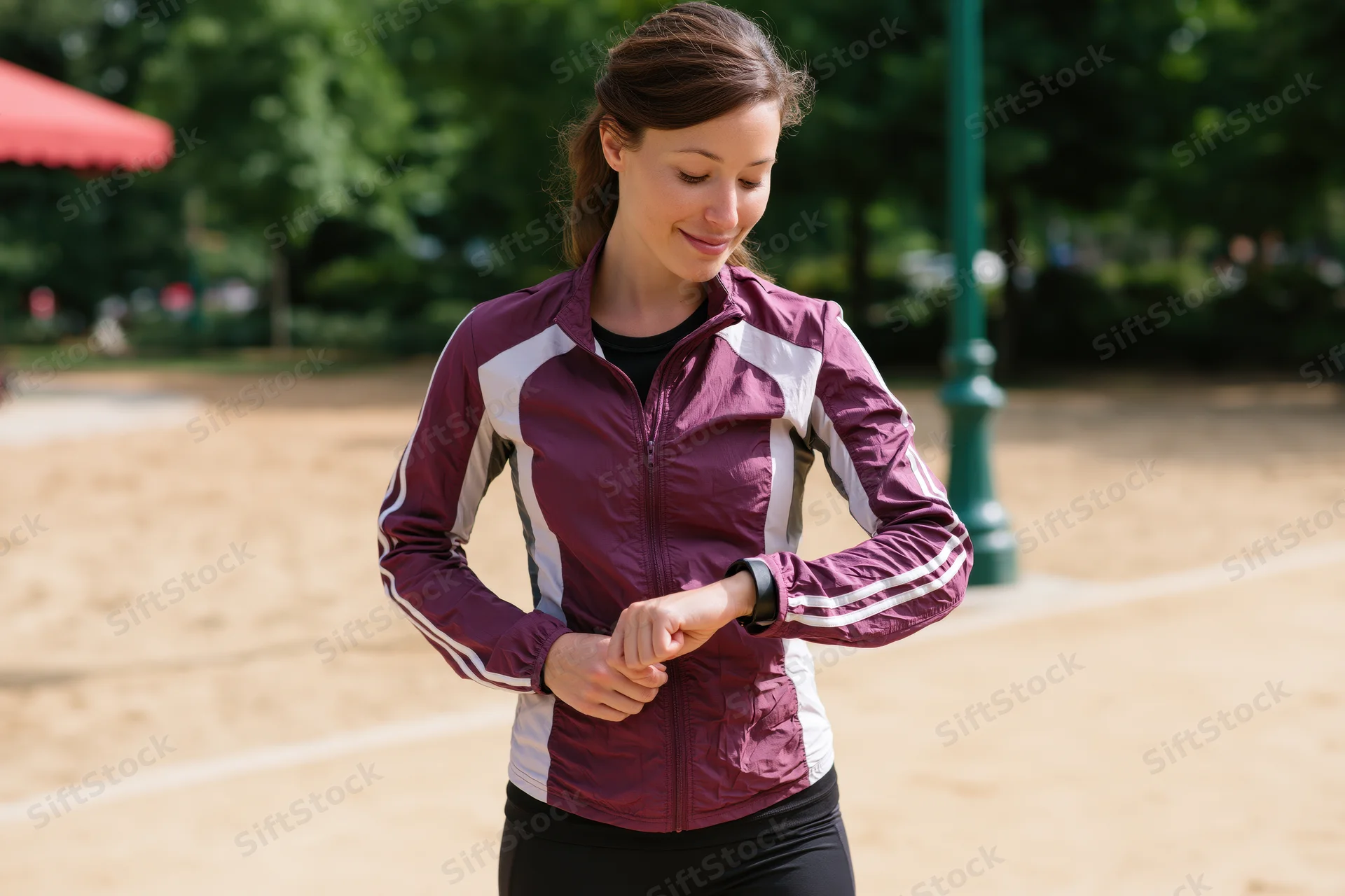 Young woman checking smartwatch while standing in park during outdoor workout
