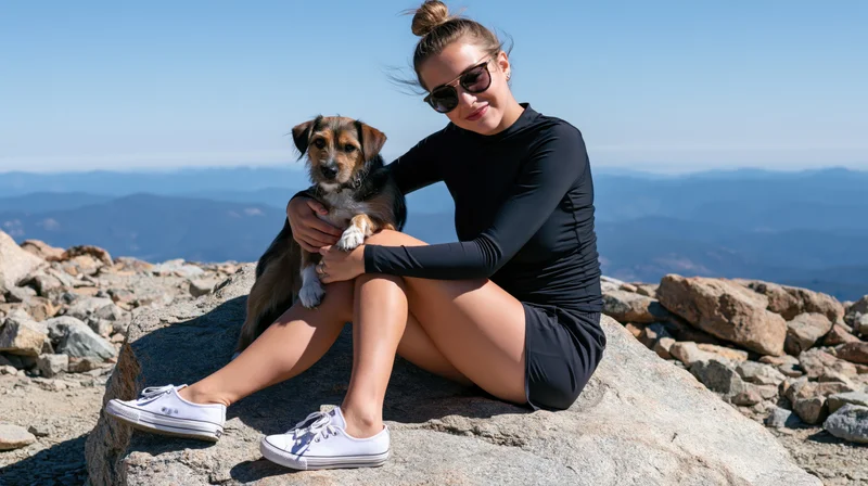 Young woman sitting on a rock with her dog at a mountain summit, overlooking a scenic landscape