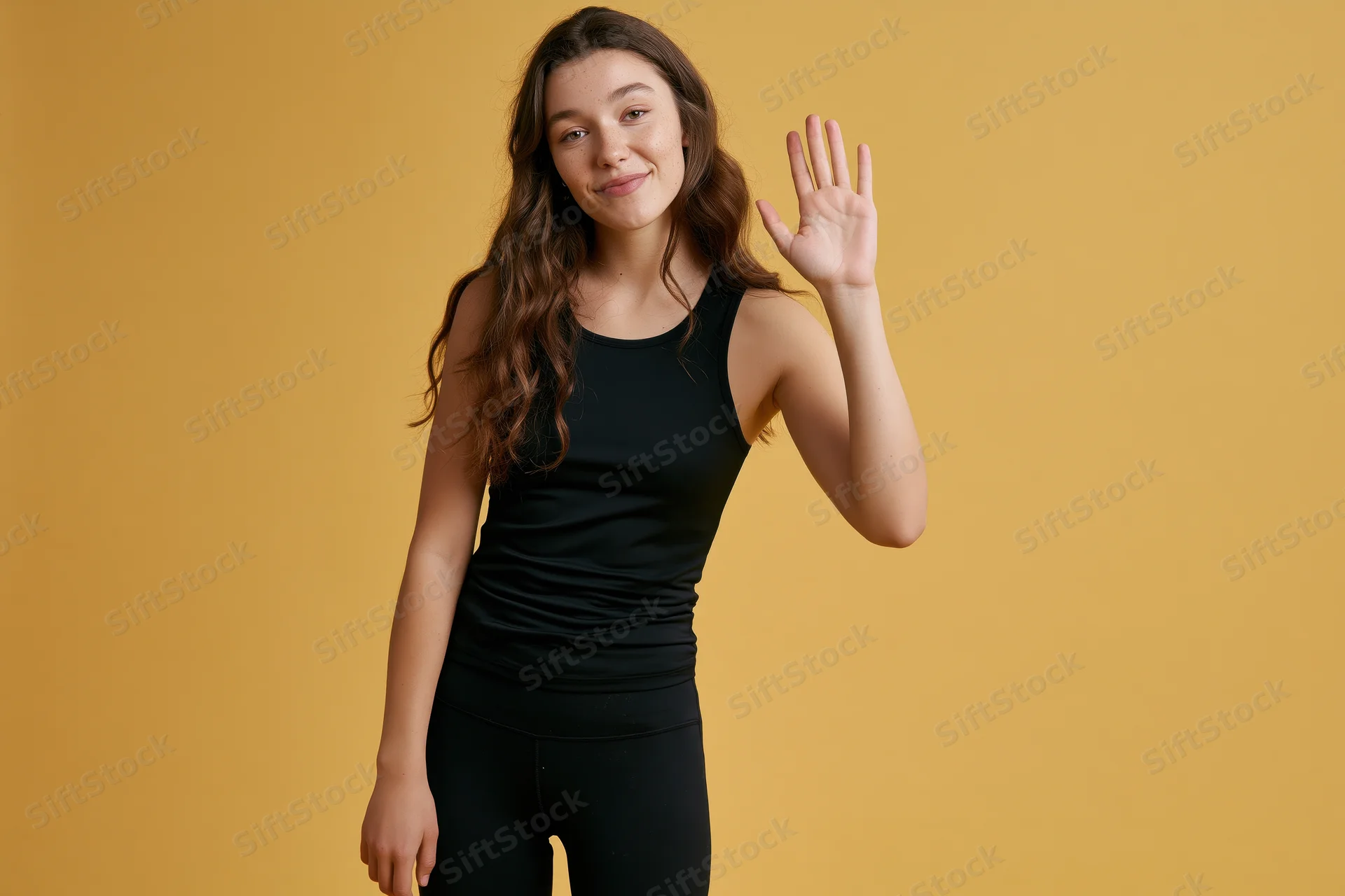 Young woman waving and smiling in black activewear against yellow background