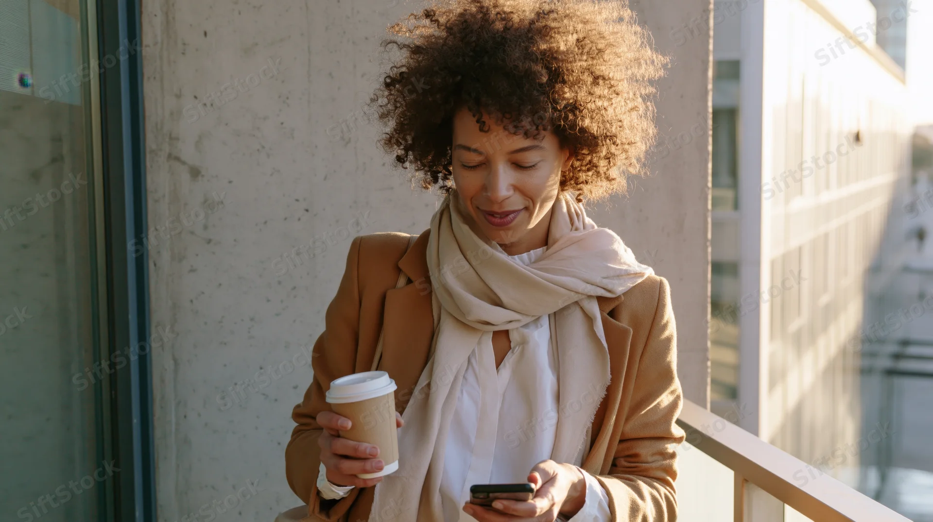 Young woman with curly afro hair holding coffee cup and smartphone on balcony overlooking city buildings in sunlight