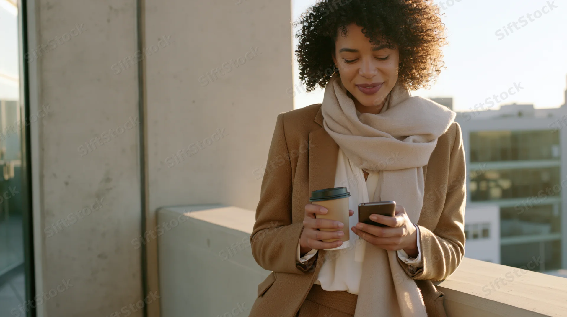 Young woman in beige blazer and scarf holding coffee cup and smartphone on balcony overlooking city buildings