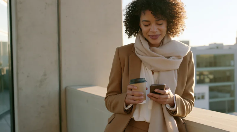 Young woman in beige blazer and scarf holding coffee cup and smartphone on balcony overlooking city buildings