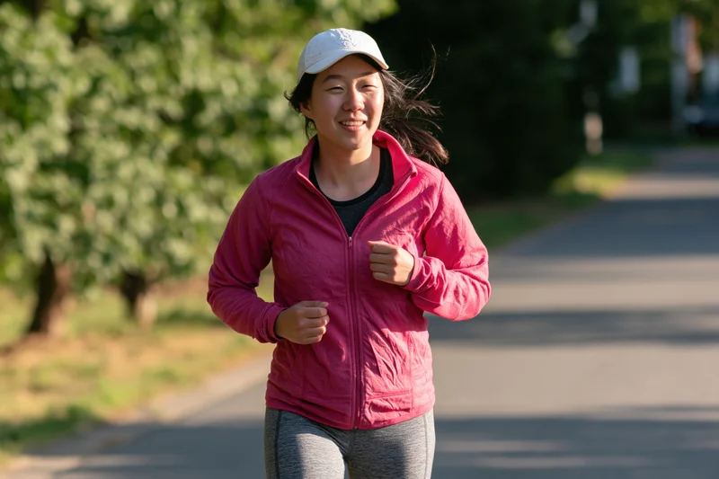 Asian woman jogging on a paved path in a park during daylight