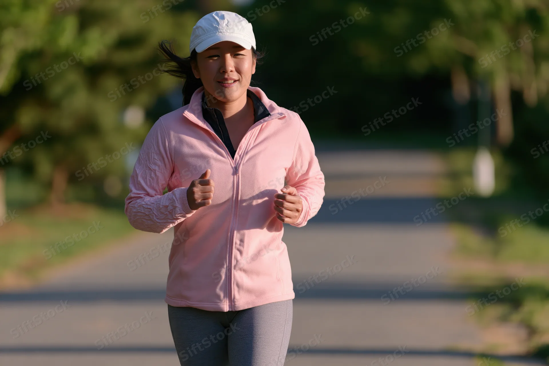 Asian woman jogging on a paved path in a park during daylight
