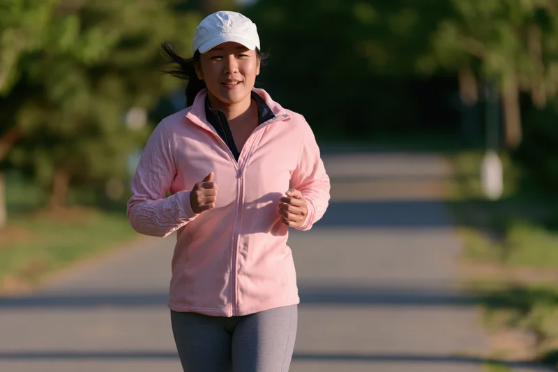 Asian woman jogging on a paved path in a park during daylight