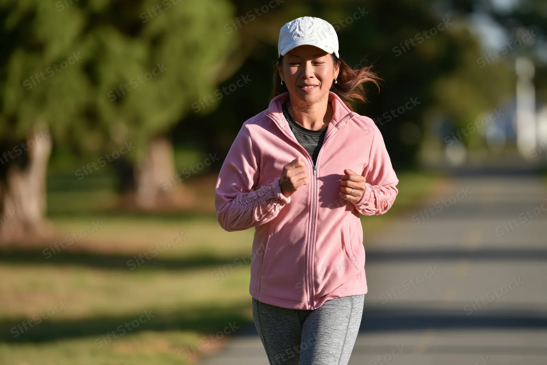 Asian woman jogging on a paved path in a park during daytime