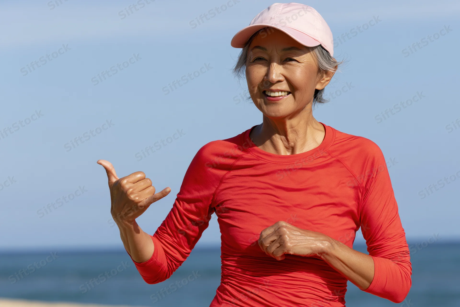 Senior asian woman running on beach giving thumbs up in red sportswear