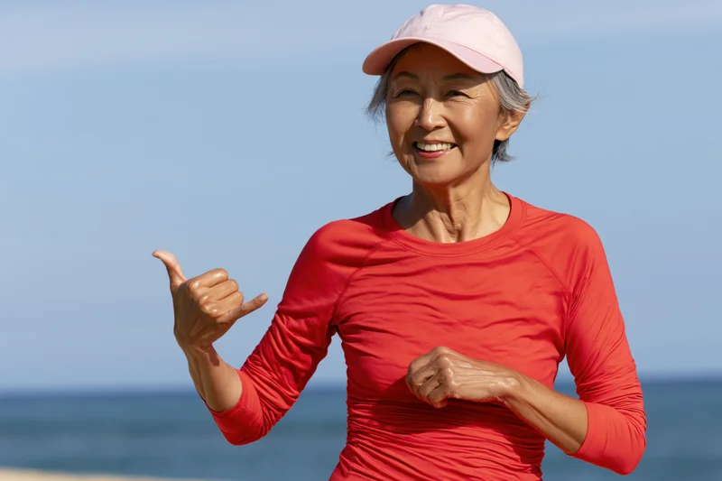 Senior asian woman running on beach giving thumbs up in red sportswear