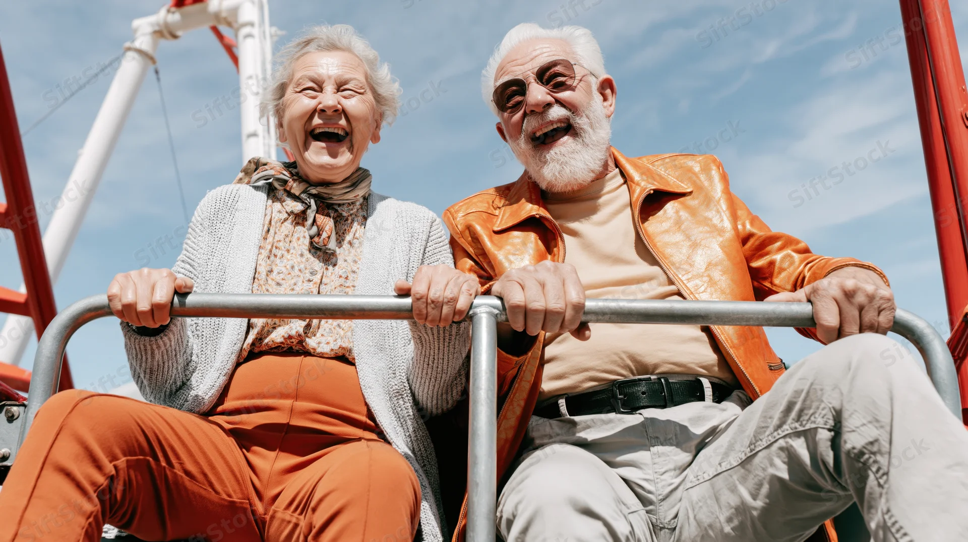 Elderly couple laughing on a rollercoaster at an amusement park