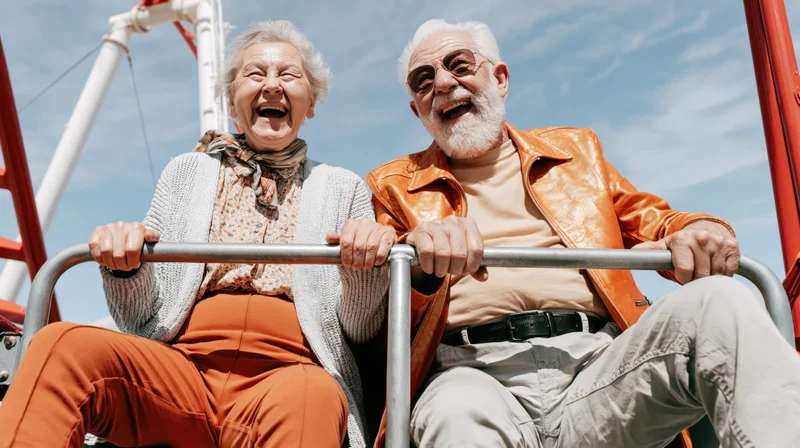 Elderly couple laughing on a rollercoaster at an amusement park