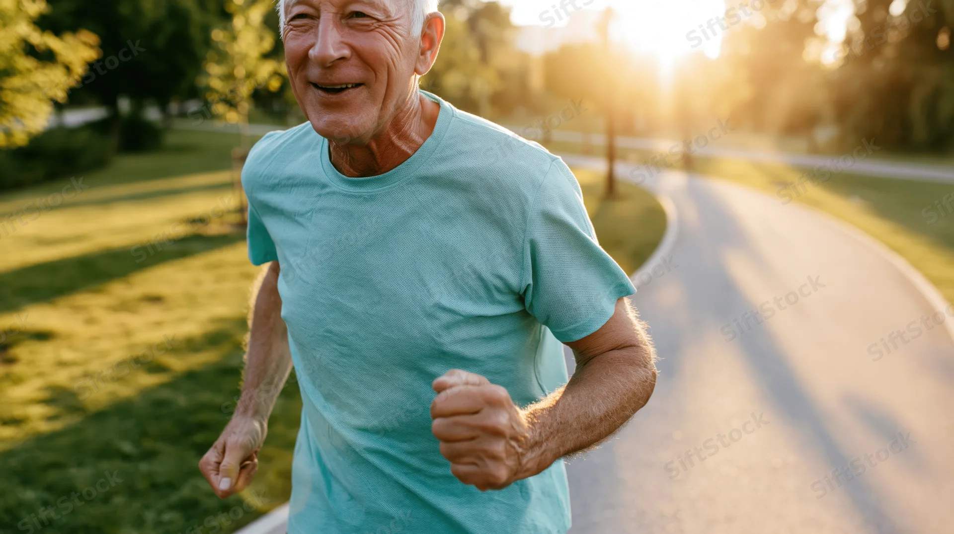Senior man running along a paved path in a park at sunrise