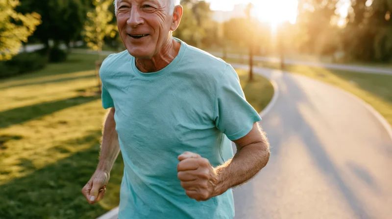 Senior man running along a paved path in a park at sunrise