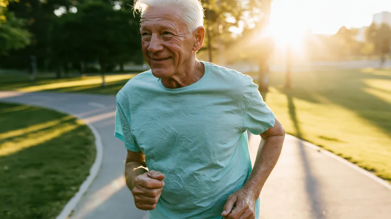Senior man running on a paved path in a park during golden hour