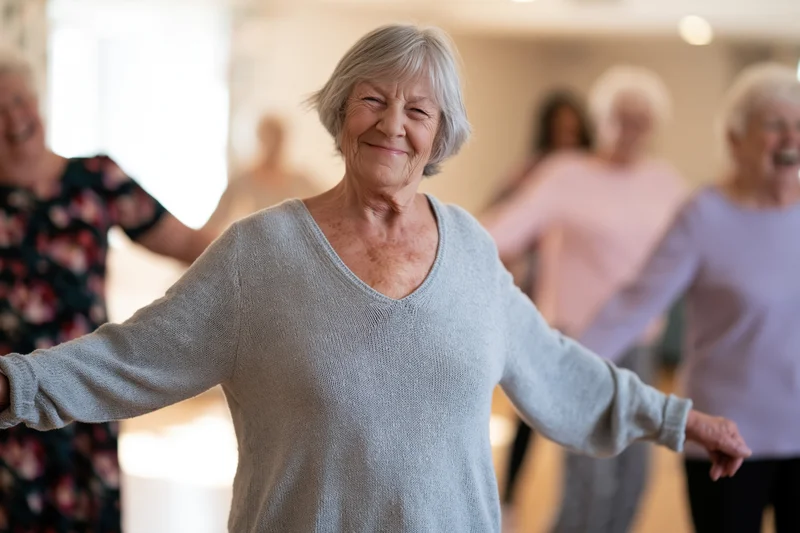 Senior woman smiling while dancing in a group exercise class indoors