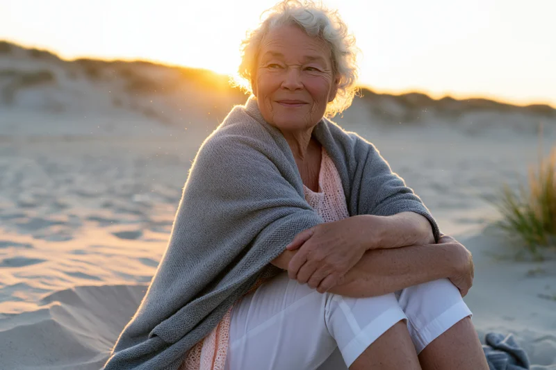 Elderly woman smiling while sitting on sandy dunes at sunset