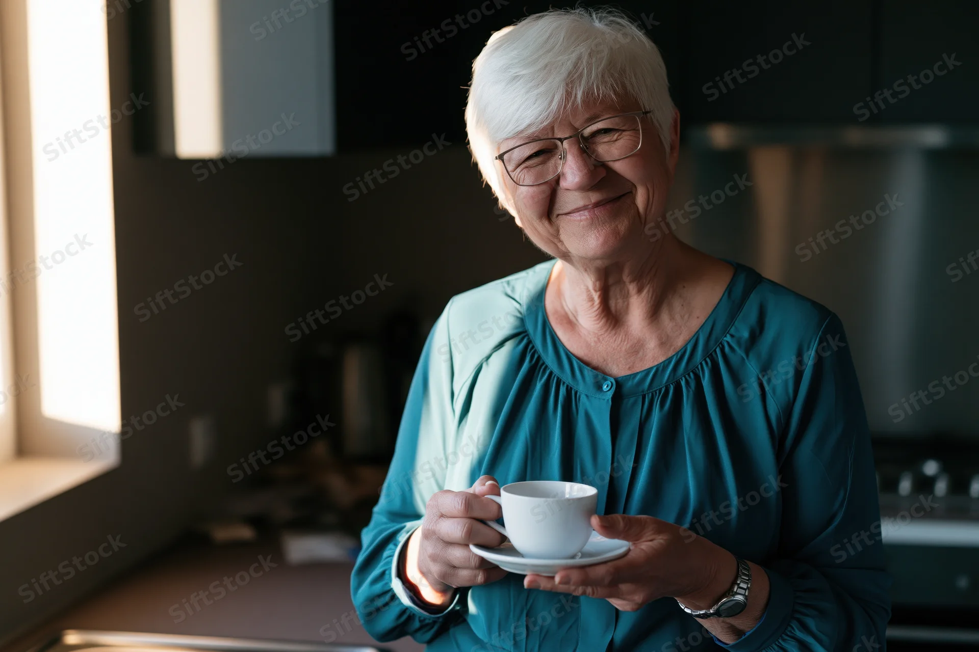 Senior woman smiling while holding a white tea cup in a kitchen near a window