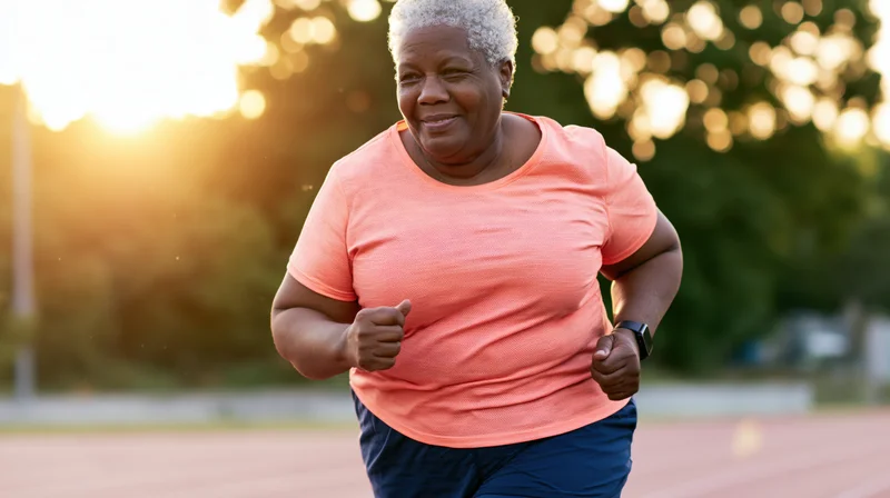 Senior black woman running on outdoor track at sunset