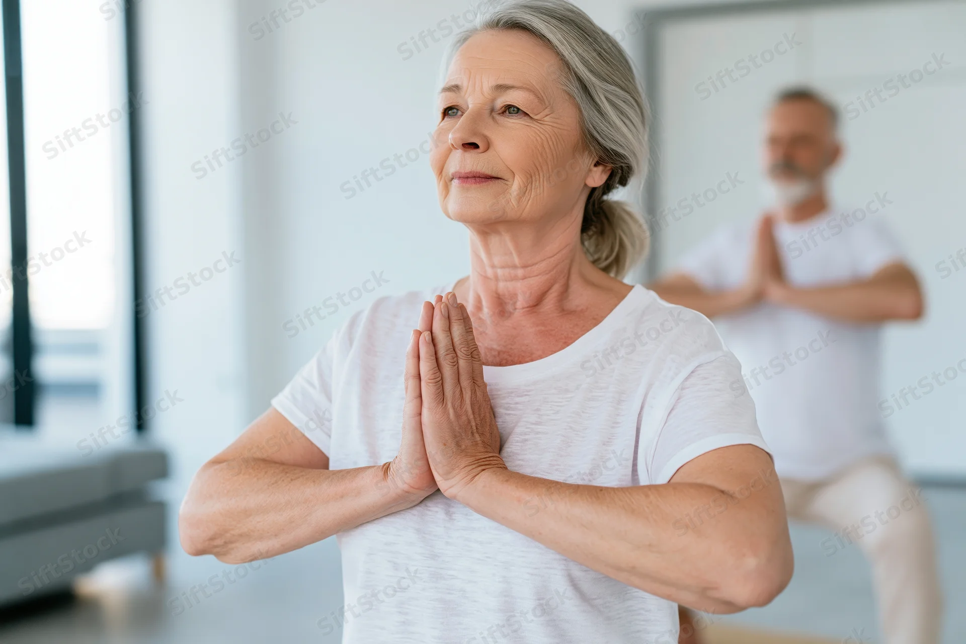 Senior woman practicing yoga with hands in prayer pose in a bright studio, man in background also meditating