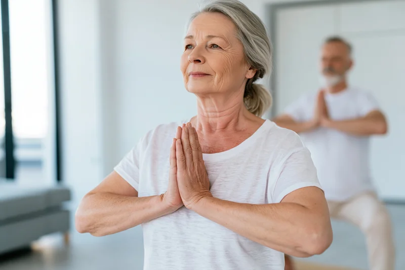 Senior woman practicing yoga with hands in prayer pose in a bright studio, man in background also meditating